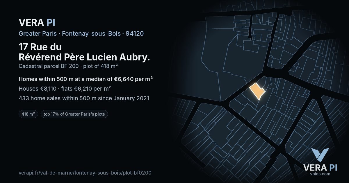 17 Rue du Révérend Père Lucien Aubry, Fontenay-sous-Bois at night – the plot lit, the parcels around coloured by the prices near them
