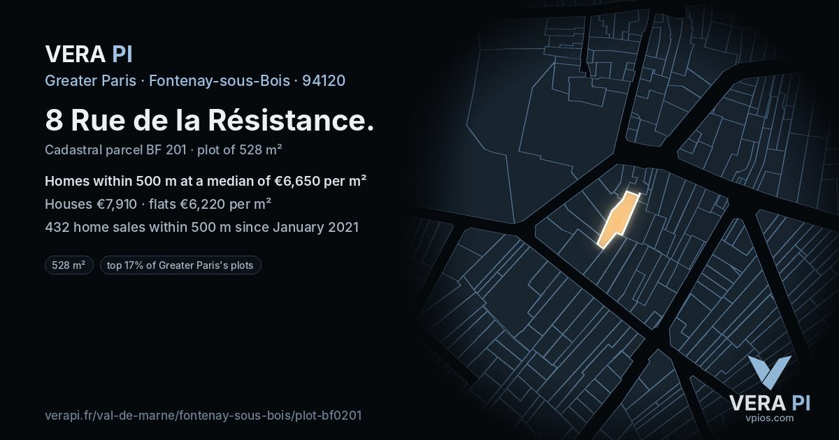 8 Rue de la Résistance, Fontenay-sous-Bois at night – the plot lit, the parcels around coloured by the prices near them
