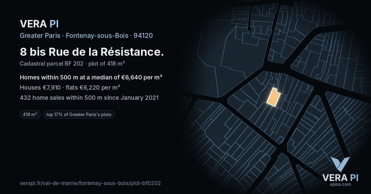 8 bis Rue de la Résistance, Fontenay-sous-Bois at night – the plot lit, the parcels around coloured by the prices near them