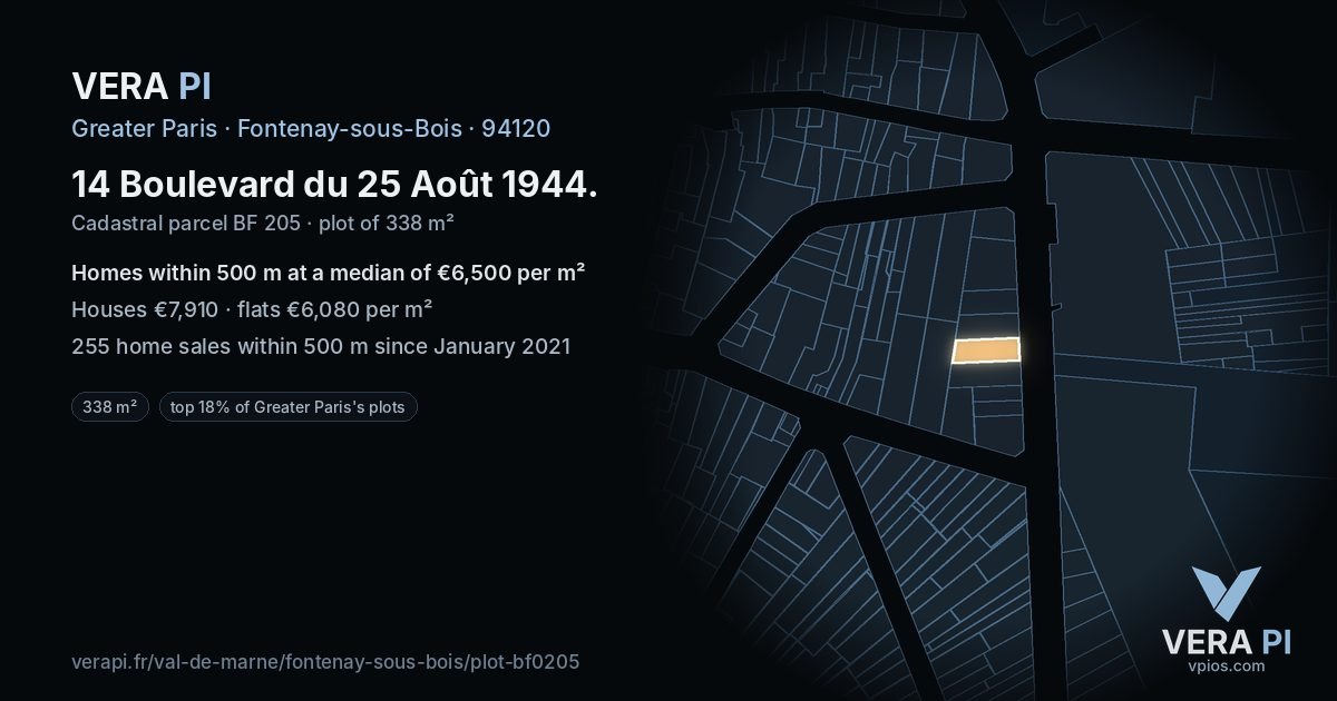 14 Boulevard du 25 Août 1944, Fontenay-sous-Bois at night – the plot lit, the parcels around coloured by the prices near them