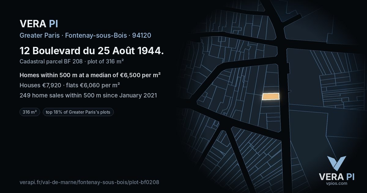 12 Boulevard du 25 Août 1944, Fontenay-sous-Bois at night – the plot lit, the parcels around coloured by the prices near them