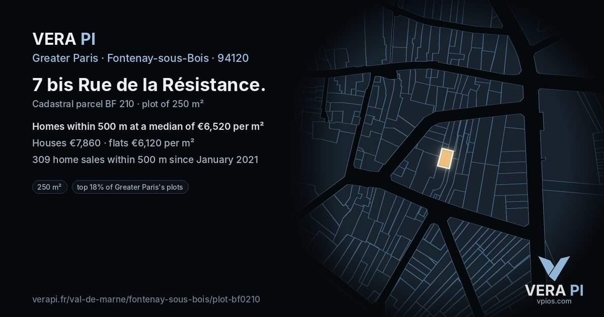 7 bis Rue de la Résistance, Fontenay-sous-Bois at night – the plot lit, the parcels around coloured by the prices near them