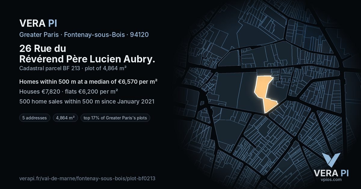 26 Rue du Révérend Père Lucien Aubry, Fontenay-sous-Bois at night – the plot lit, the parcels around coloured by the prices near them