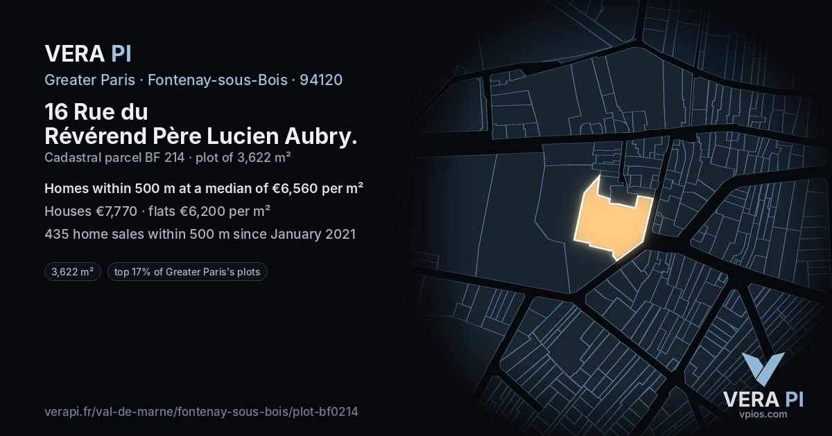16 Rue du Révérend Père Lucien Aubry, Fontenay-sous-Bois at night – the plot lit, the parcels around coloured by the prices near them