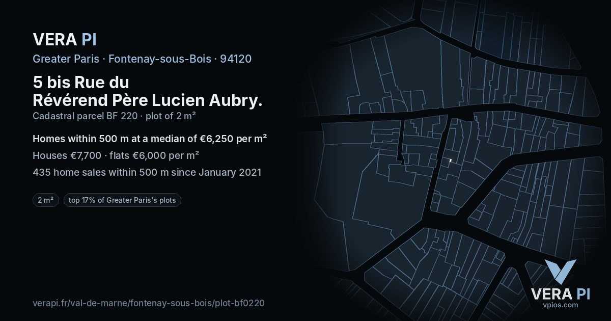 5 bis Rue du Révérend Père Lucien Aubry, Fontenay-sous-Bois at night – the plot lit, the parcels around coloured by the prices near them