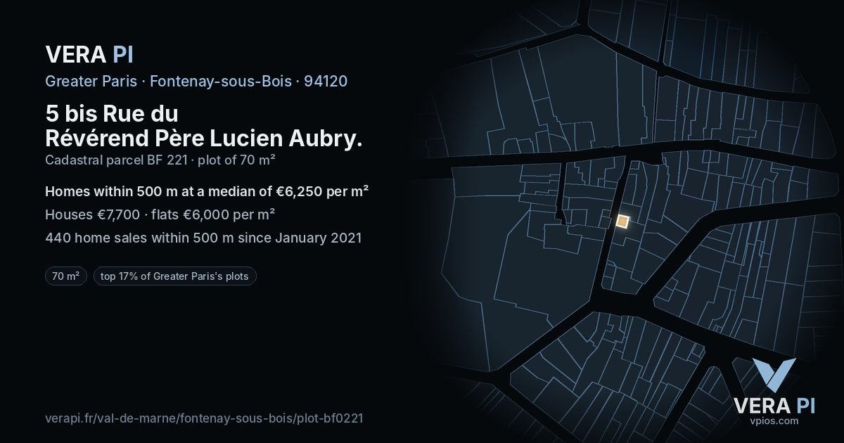 5 bis Rue du Révérend Père Lucien Aubry, Fontenay-sous-Bois at night – the plot lit, the parcels around coloured by the prices near them