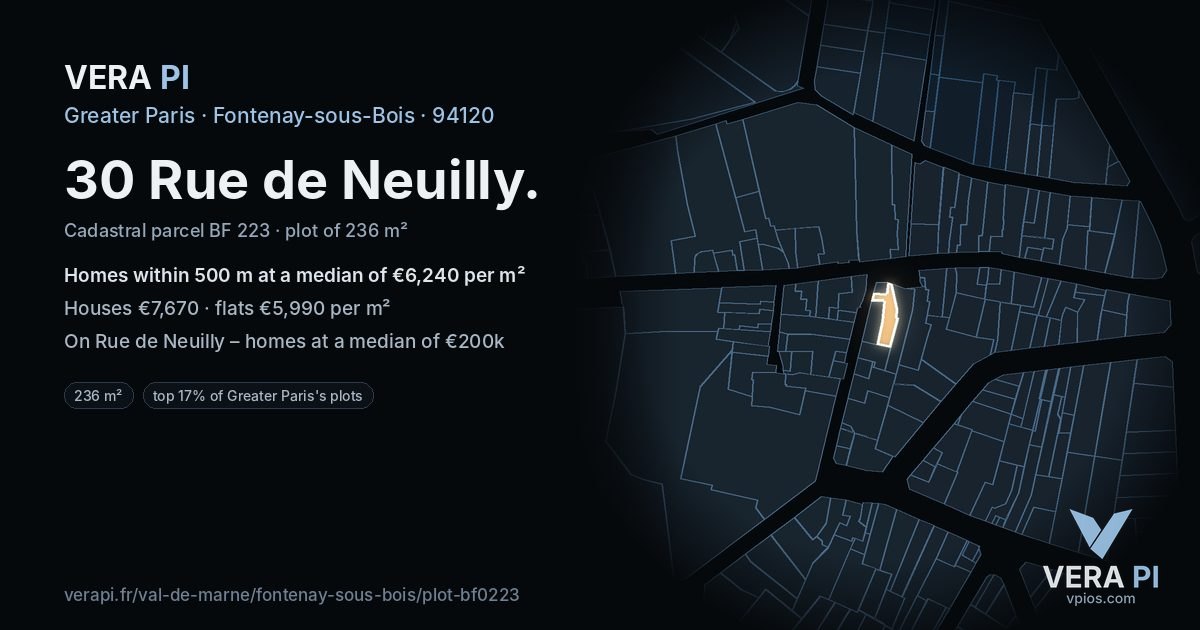 30 Rue de Neuilly, Fontenay-sous-Bois at night – the plot lit, the parcels around coloured by the prices near them