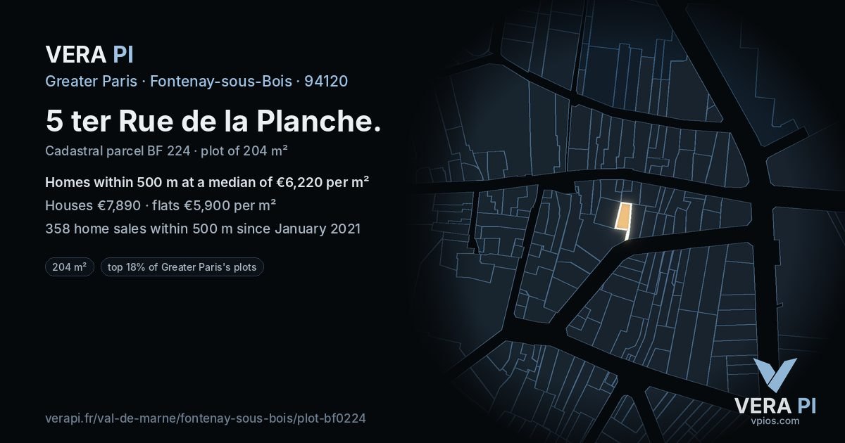 5 ter Rue de la Planche, Fontenay-sous-Bois at night – the plot lit, the parcels around coloured by the prices near them