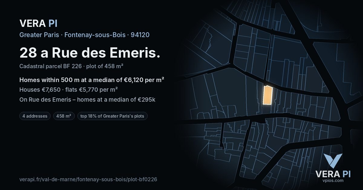 28 a Rue des Emeris, Fontenay-sous-Bois at night – the plot lit, the parcels around coloured by the prices near them