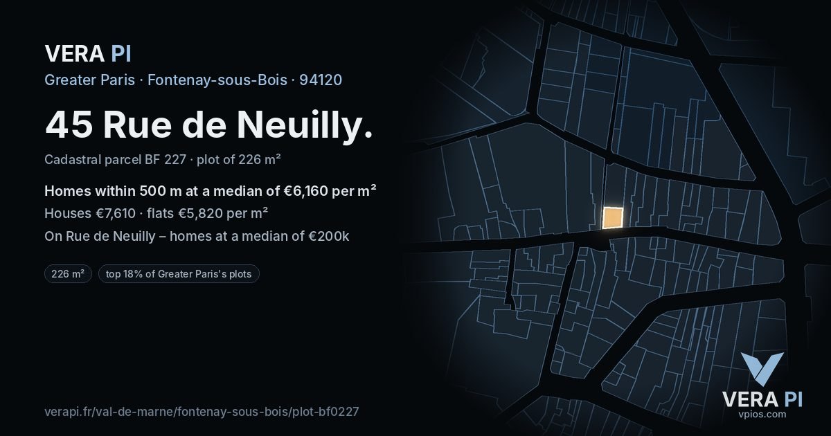 45 Rue de Neuilly, Fontenay-sous-Bois at night – the plot lit, the parcels around coloured by the prices near them