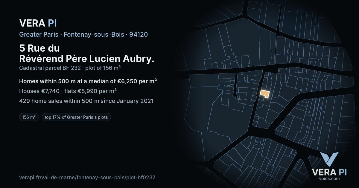 5 Rue du Révérend Père Lucien Aubry, Fontenay-sous-Bois at night – the plot lit, the parcels around coloured by the prices near them