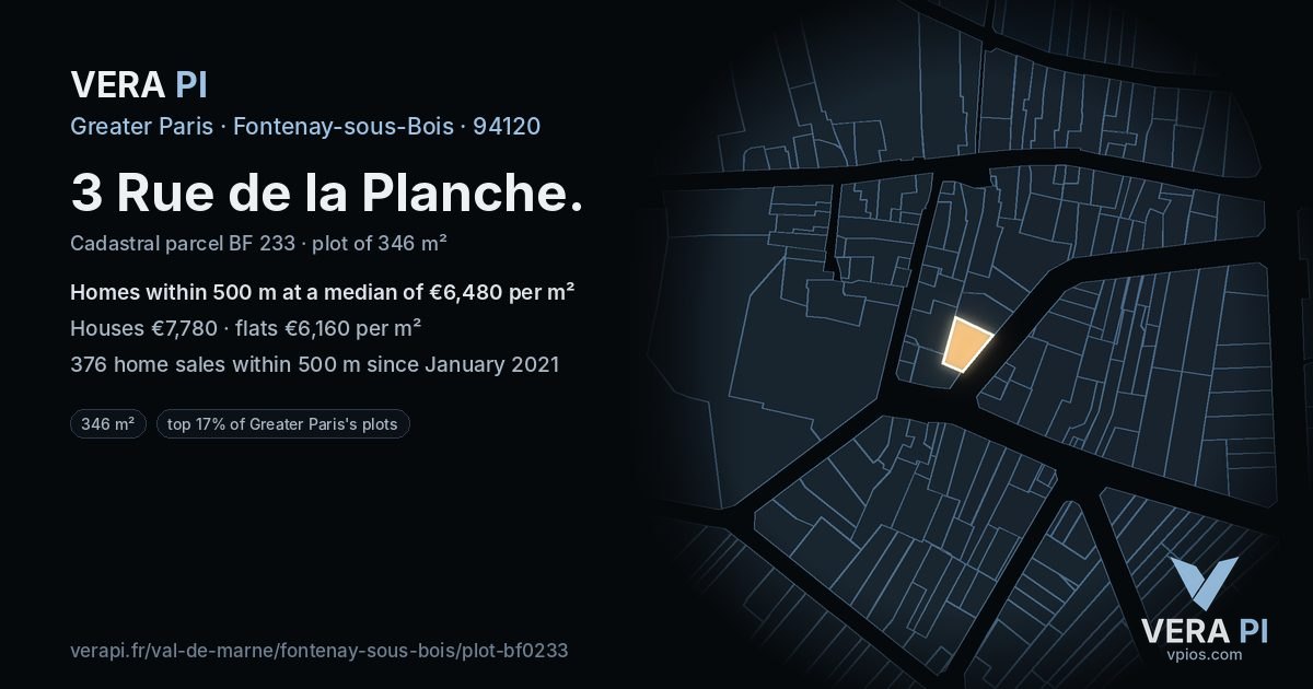 3 Rue de la Planche, Fontenay-sous-Bois at night – the plot lit, the parcels around coloured by the prices near them