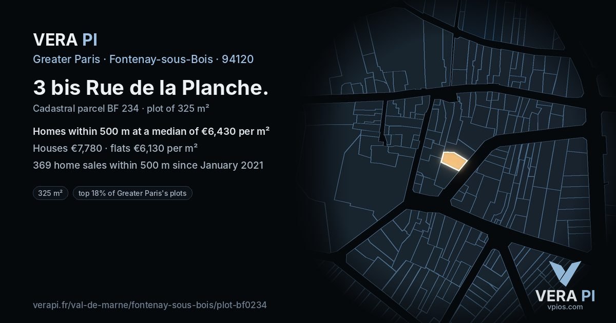 3 bis Rue de la Planche, Fontenay-sous-Bois at night – the plot lit, the parcels around coloured by the prices near them