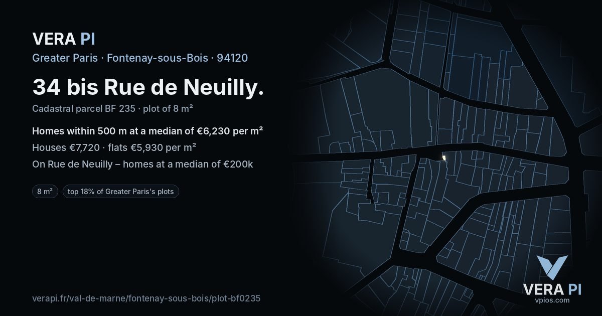 34 bis Rue de Neuilly, Fontenay-sous-Bois at night – the plot lit, the parcels around coloured by the prices near them