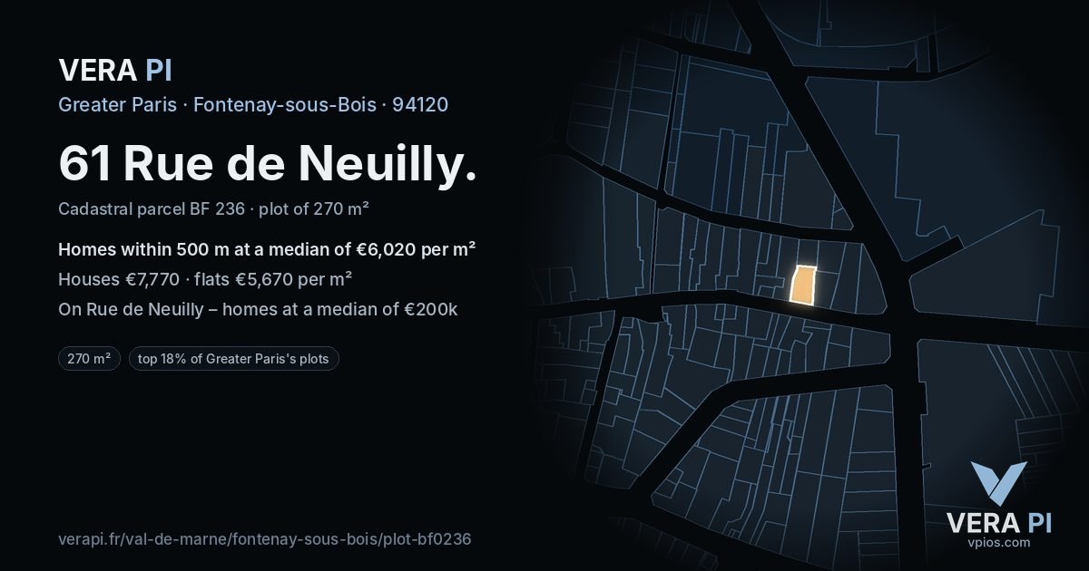 61 Rue de Neuilly, Fontenay-sous-Bois at night – the plot lit, the parcels around coloured by the prices near them