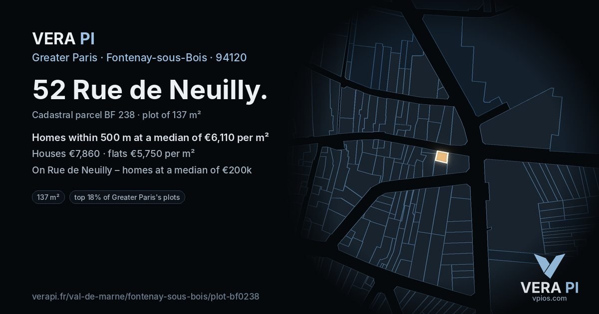 52 Rue de Neuilly, Fontenay-sous-Bois at night – the plot lit, the parcels around coloured by the prices near them