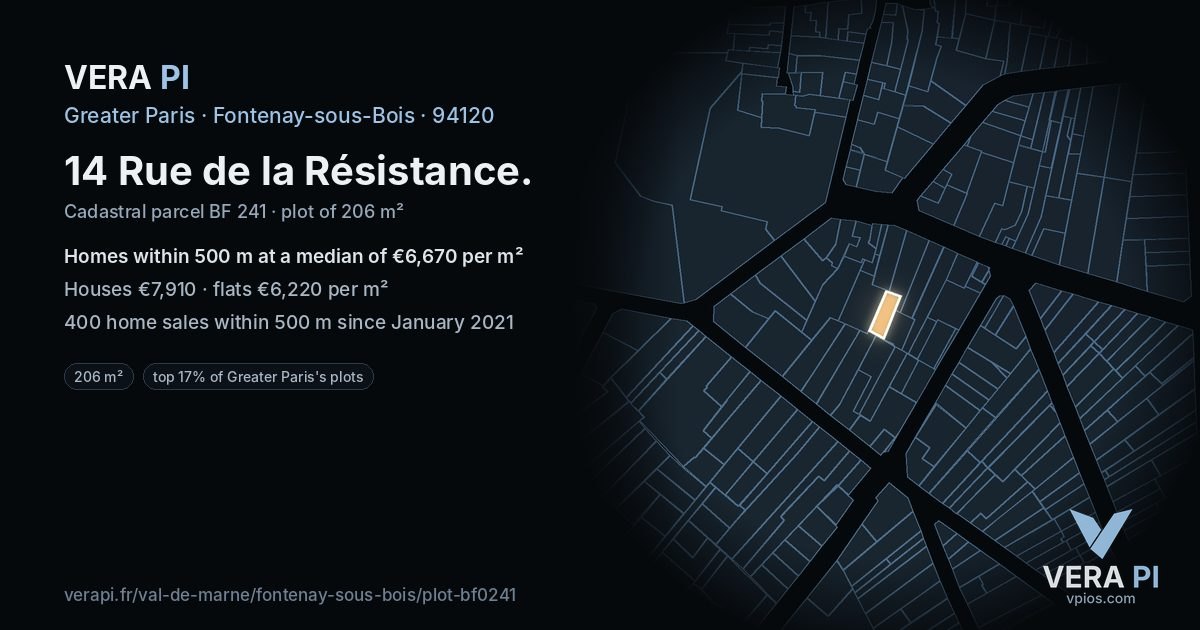 14 Rue de la Résistance, Fontenay-sous-Bois at night – the plot lit, the parcels around coloured by the prices near them