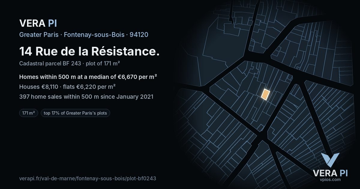 14 Rue de la Résistance, Fontenay-sous-Bois at night – the plot lit, the parcels around coloured by the prices near them