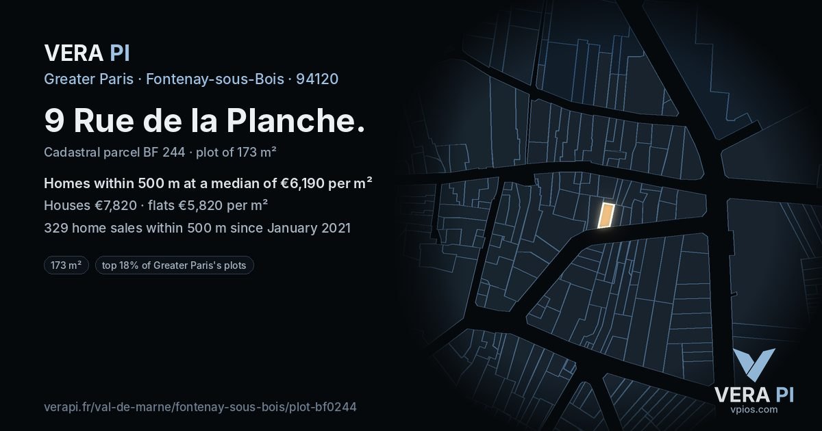 9 Rue de la Planche, Fontenay-sous-Bois at night – the plot lit, the parcels around coloured by the prices near them