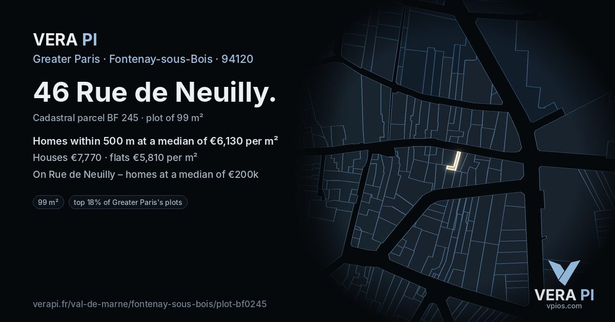 46 Rue de Neuilly, Fontenay-sous-Bois at night – the plot lit, the parcels around coloured by the prices near them