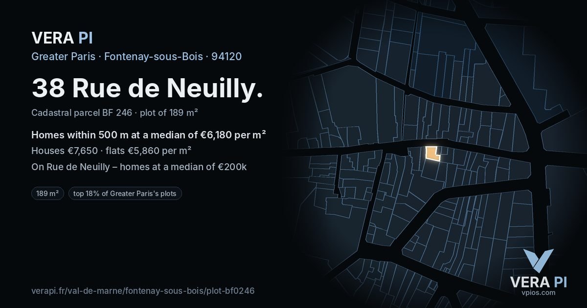 38 Rue de Neuilly, Fontenay-sous-Bois at night – the plot lit, the parcels around coloured by the prices near them