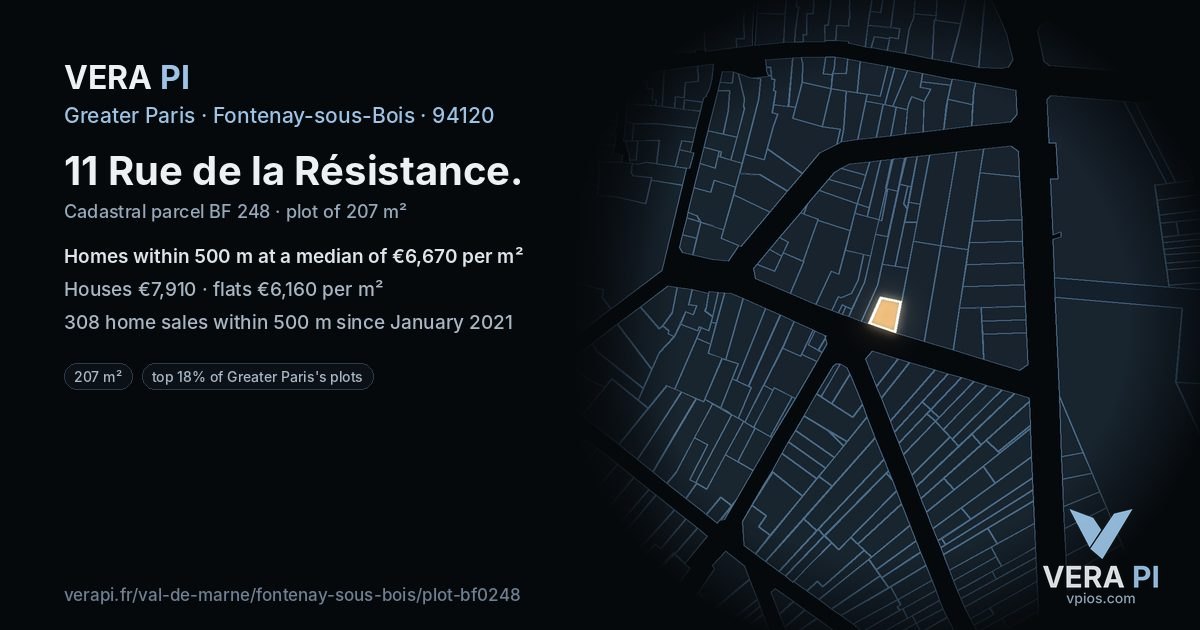 11 Rue de la Résistance, Fontenay-sous-Bois at night – the plot lit, the parcels around coloured by the prices near them