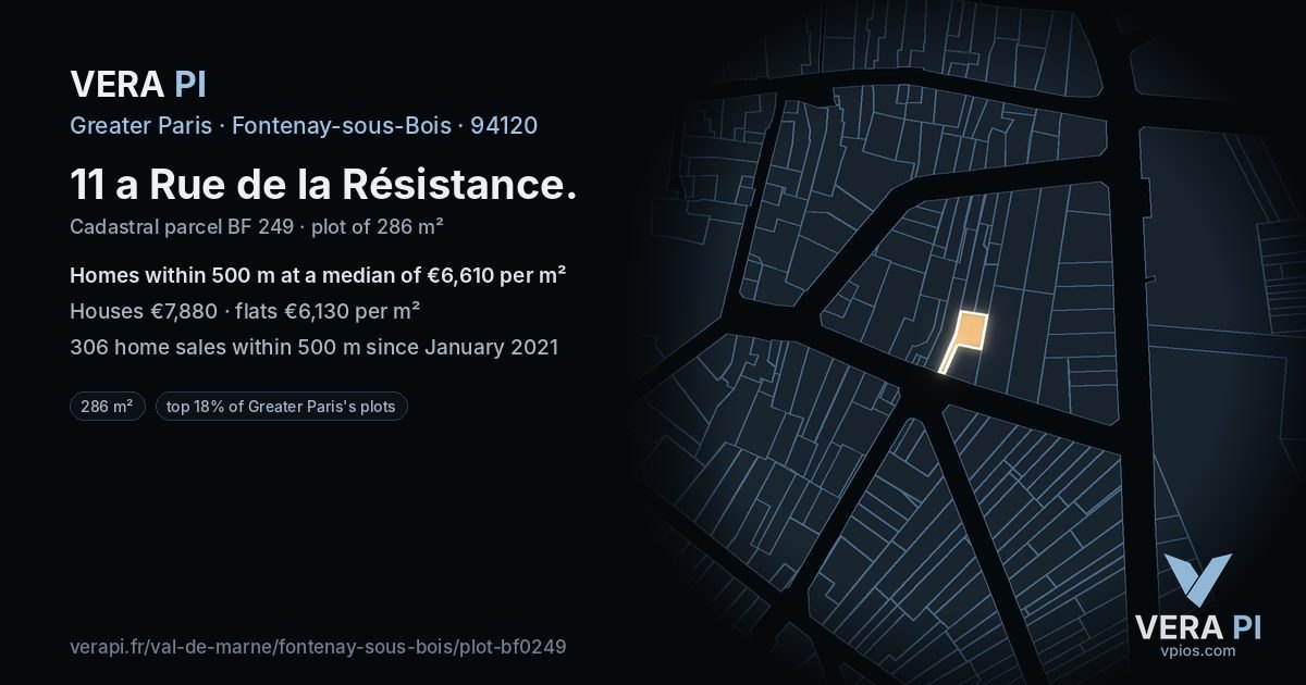 11 a Rue de la Résistance, Fontenay-sous-Bois at night – the plot lit, the parcels around coloured by the prices near them
