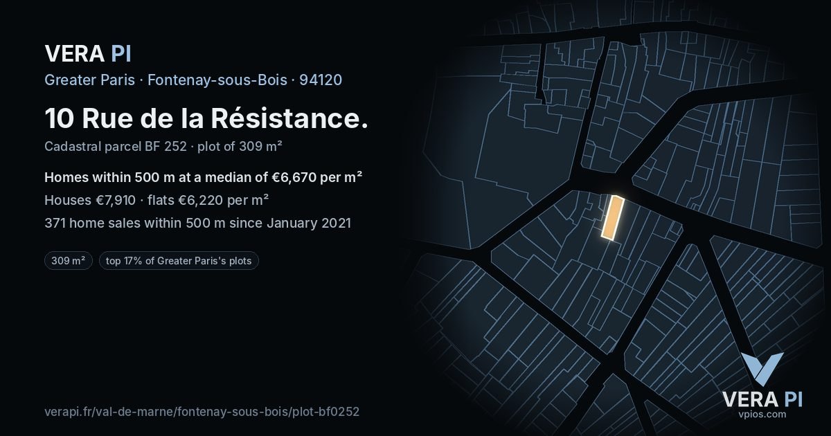 10 Rue de la Résistance, Fontenay-sous-Bois at night – the plot lit, the parcels around coloured by the prices near them