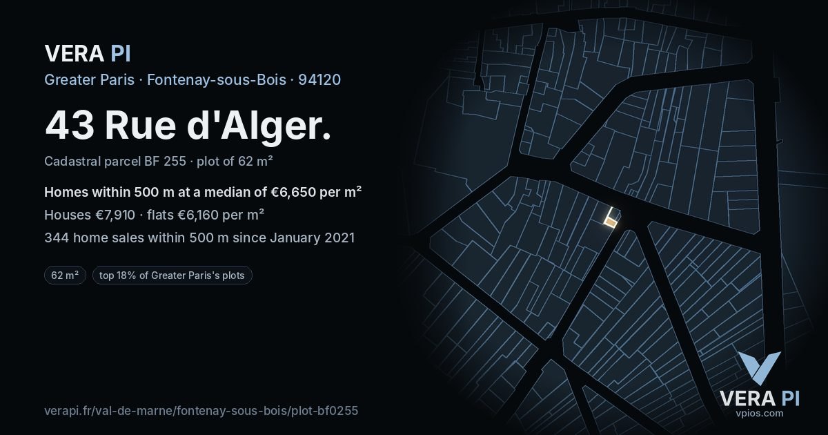 43 Rue d'Alger, Fontenay-sous-Bois at night – the plot lit, the parcels around coloured by the prices near them