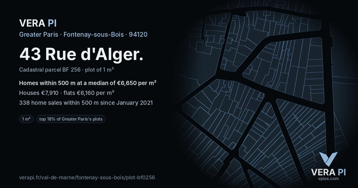 43 Rue d'Alger, Fontenay-sous-Bois at night – the plot lit, the parcels around coloured by the prices near them