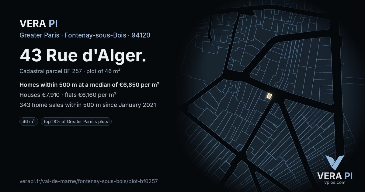 43 Rue d'Alger, Fontenay-sous-Bois at night – the plot lit, the parcels around coloured by the prices near them