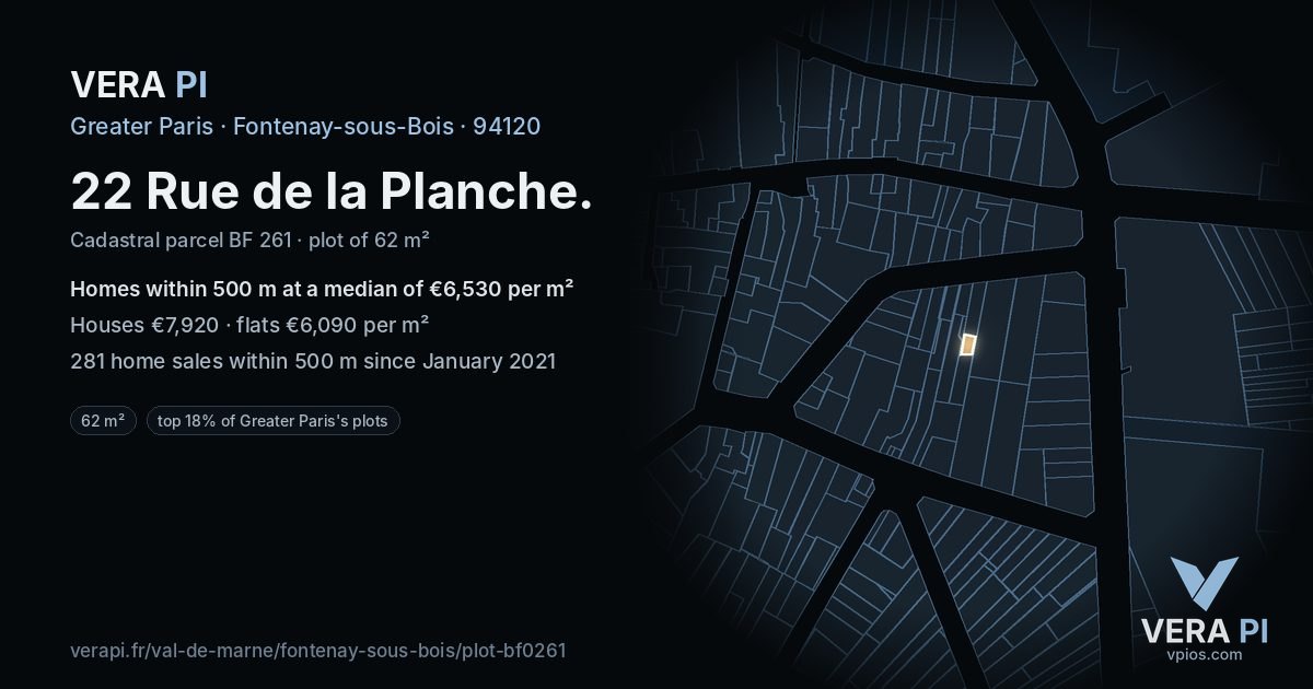 22 Rue de la Planche, Fontenay-sous-Bois at night – the plot lit, the parcels around coloured by the prices near them