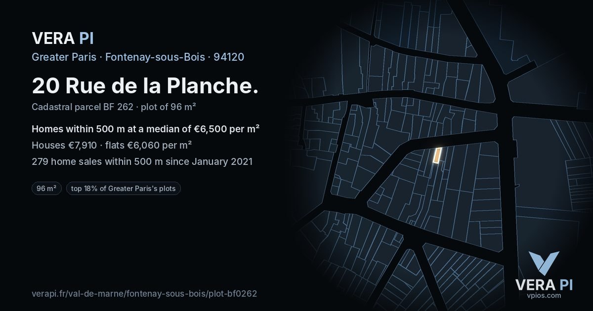 20 Rue de la Planche, Fontenay-sous-Bois at night – the plot lit, the parcels around coloured by the prices near them