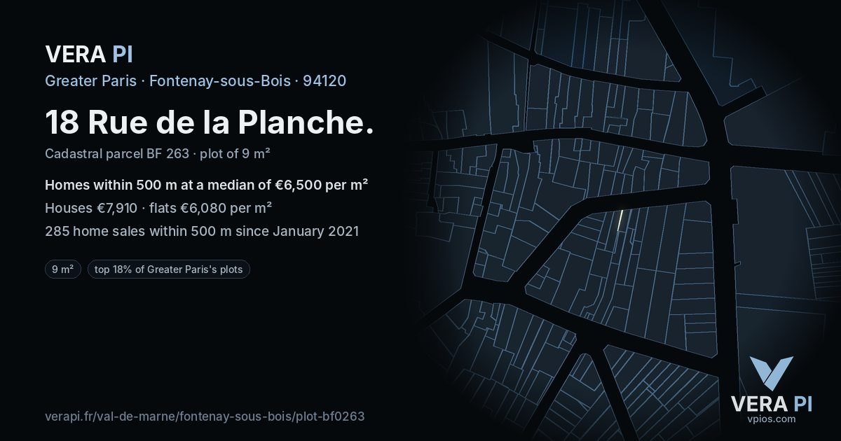 18 Rue de la Planche, Fontenay-sous-Bois at night – the plot lit, the parcels around coloured by the prices near them