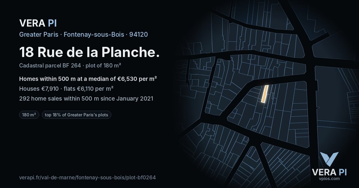 18 Rue de la Planche, Fontenay-sous-Bois at night – the plot lit, the parcels around coloured by the prices near them