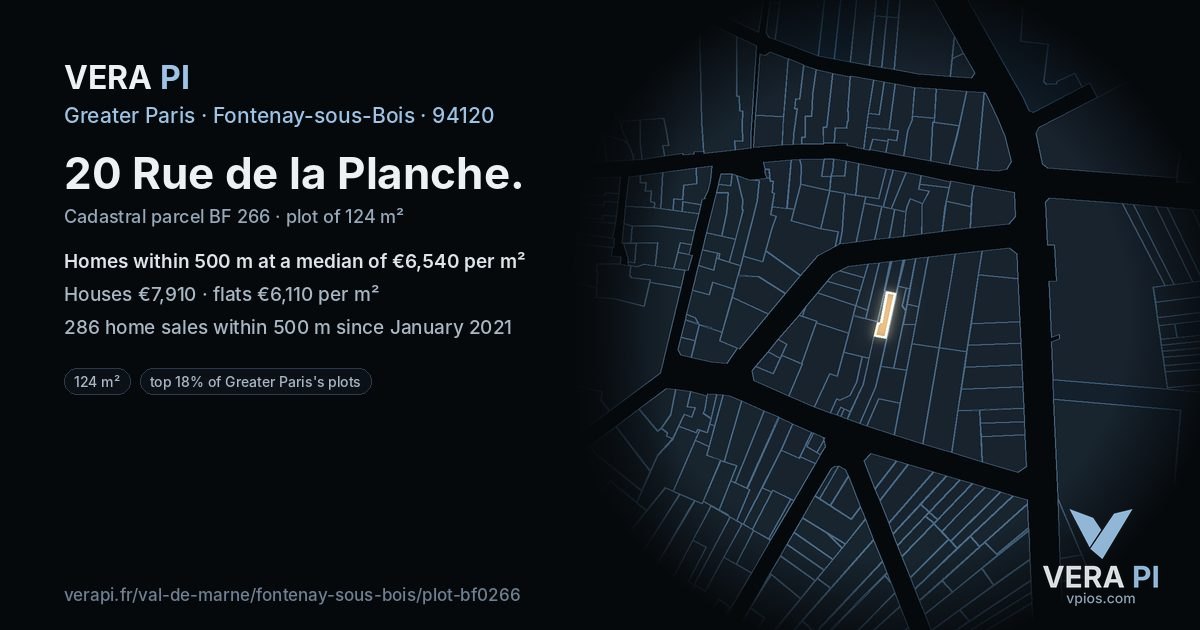 20 Rue de la Planche, Fontenay-sous-Bois at night – the plot lit, the parcels around coloured by the prices near them