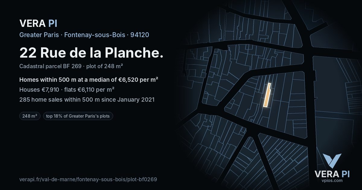22 Rue de la Planche, Fontenay-sous-Bois at night – the plot lit, the parcels around coloured by the prices near them