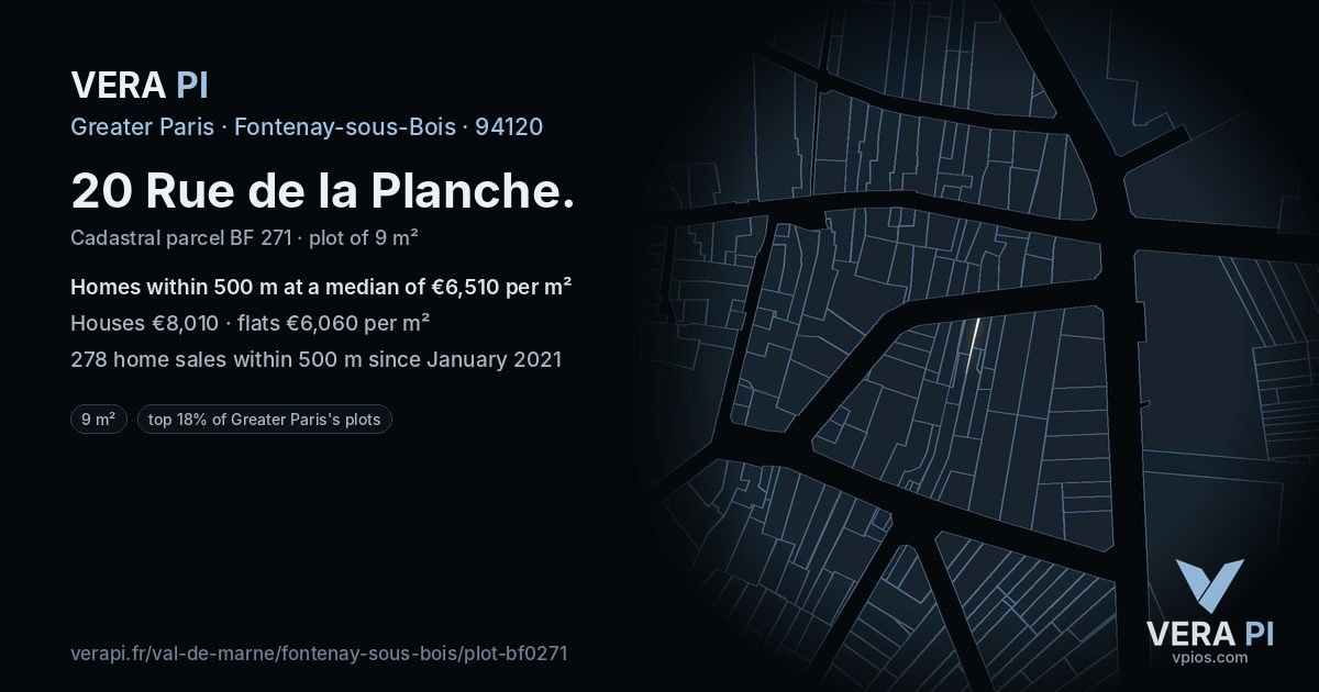 20 Rue de la Planche, Fontenay-sous-Bois at night – the plot lit, the parcels around coloured by the prices near them