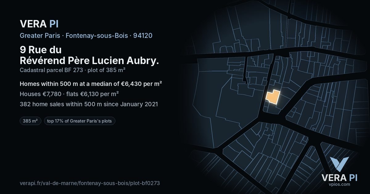 9 Rue du Révérend Père Lucien Aubry, Fontenay-sous-Bois at night – the plot lit, the parcels around coloured by the prices near them