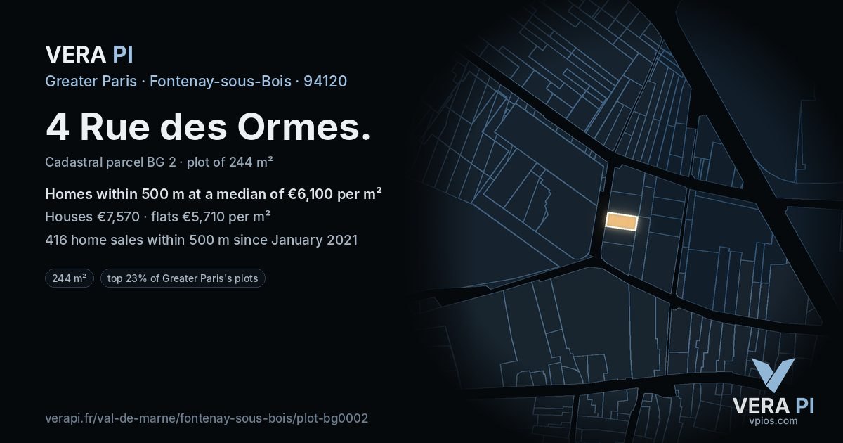 4 Rue des Ormes, Fontenay-sous-Bois at night – the plot lit, the parcels around coloured by the prices near them