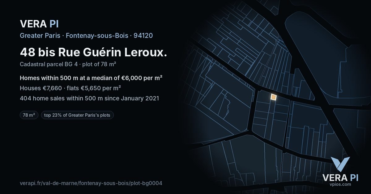 48 bis Rue Guérin Leroux, Fontenay-sous-Bois at night – the plot lit, the parcels around coloured by the prices near them