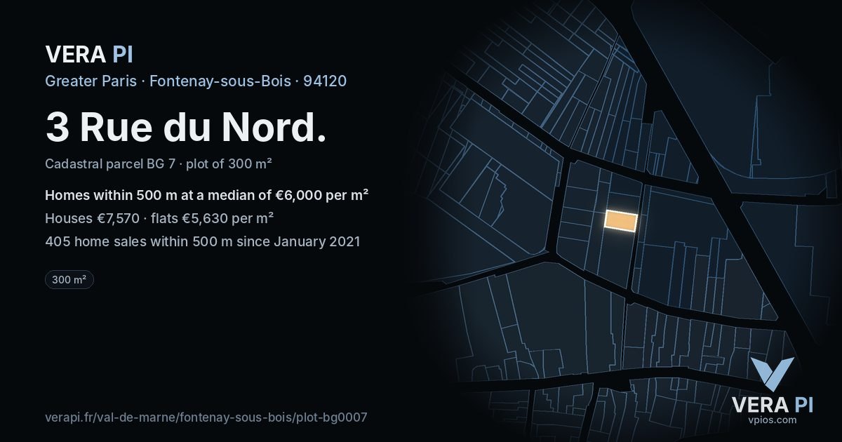 3 Rue du Nord, Fontenay-sous-Bois at night – the plot lit, the parcels around coloured by the prices near them