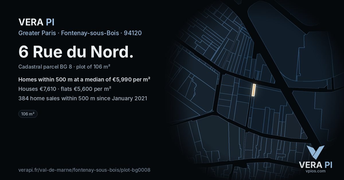 6 Rue du Nord, Fontenay-sous-Bois at night – the plot lit, the parcels around coloured by the prices near them