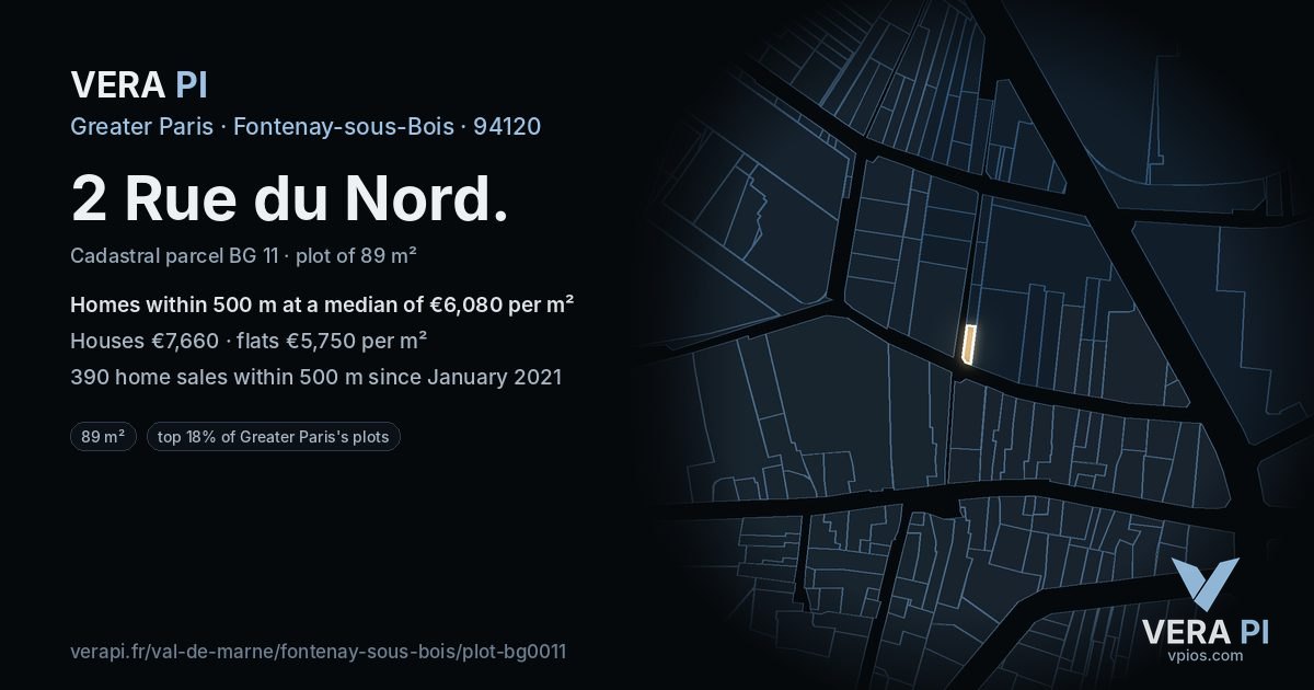 2 Rue du Nord, Fontenay-sous-Bois at night – the plot lit, the parcels around coloured by the prices near them
