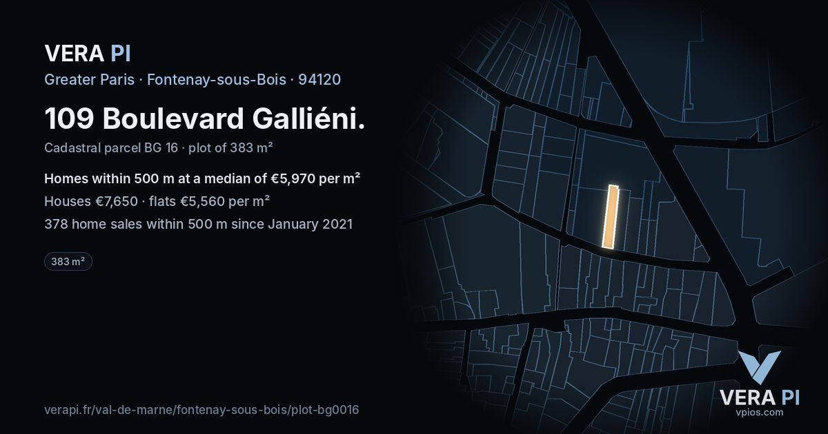 109 Boulevard Galliéni, Fontenay-sous-Bois at night – the plot lit, the parcels around coloured by the prices near them