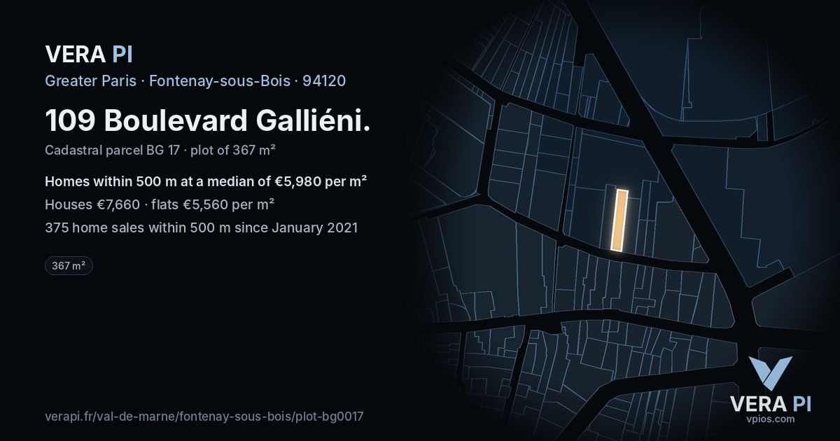 109 Boulevard Galliéni, Fontenay-sous-Bois at night – the plot lit, the parcels around coloured by the prices near them