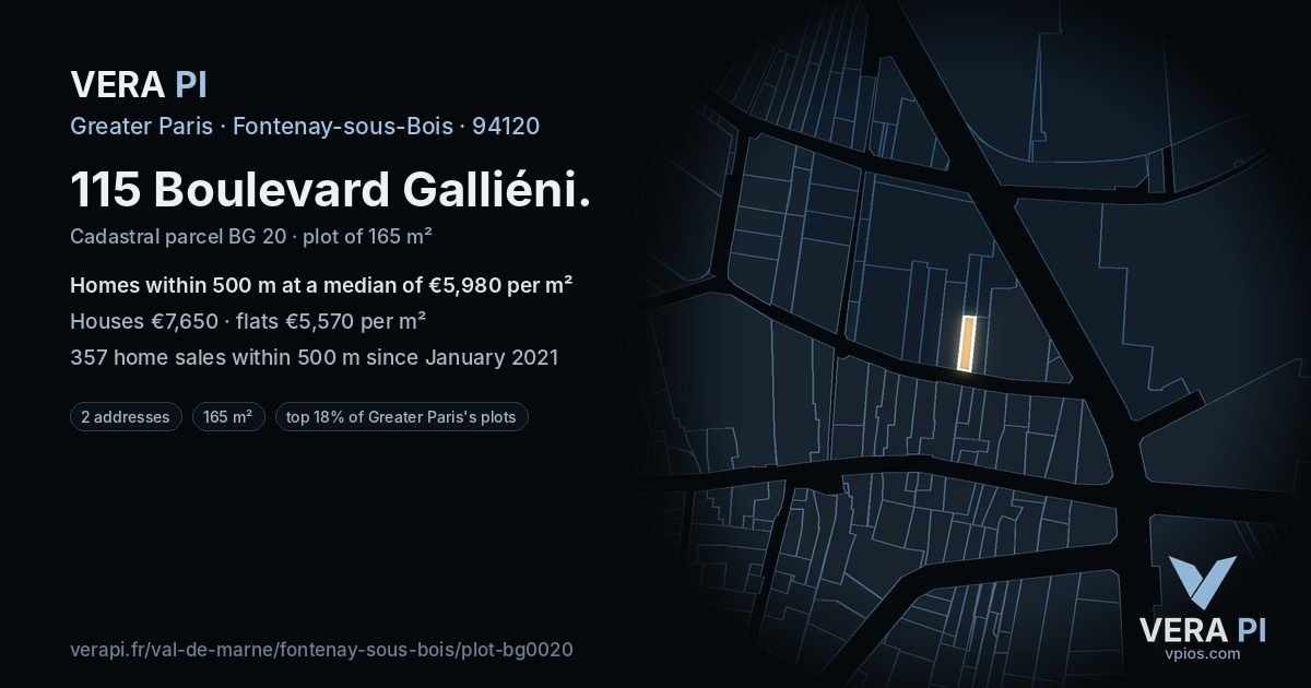 115 Boulevard Galliéni, Fontenay-sous-Bois at night – the plot lit, the parcels around coloured by the prices near them
