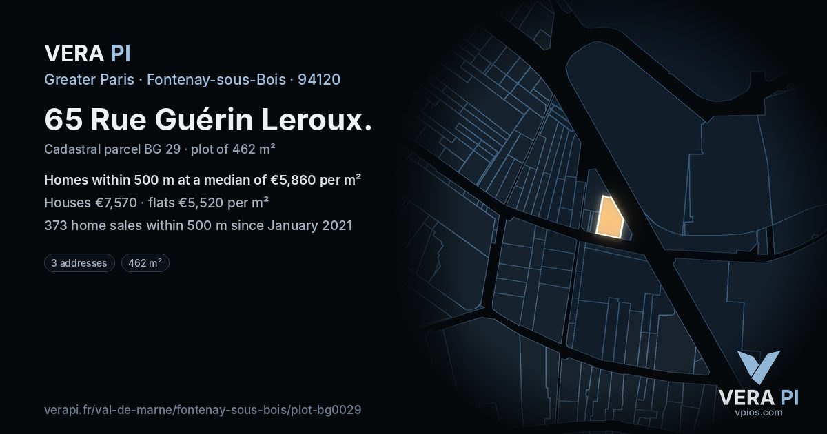 65 Rue Guérin Leroux, Fontenay-sous-Bois at night – the plot lit, the parcels around coloured by the prices near them