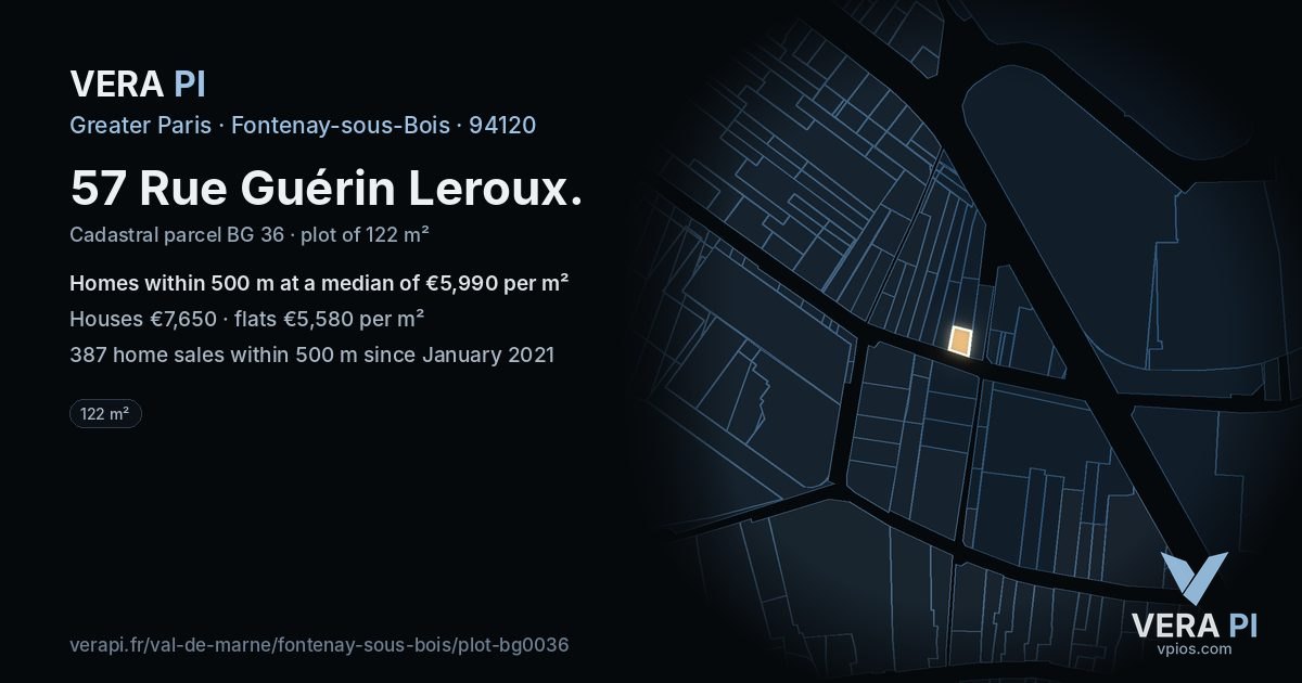 57 Rue Guérin Leroux, Fontenay-sous-Bois at night – the plot lit, the parcels around coloured by the prices near them