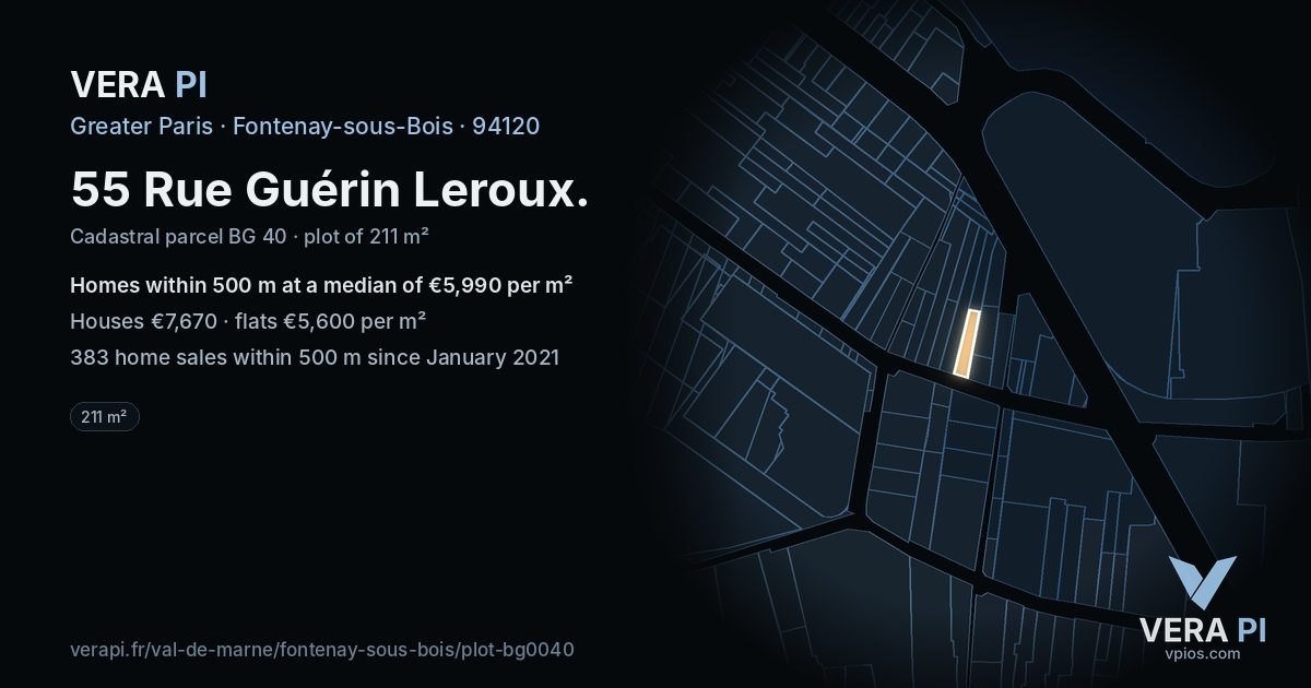 55 Rue Guérin Leroux, Fontenay-sous-Bois at night – the plot lit, the parcels around coloured by the prices near them
